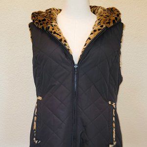 KRISTEN BLAKE REVERSIBLE Sleeveless Vest Jacket Black & Faux Leopard Fur Size L